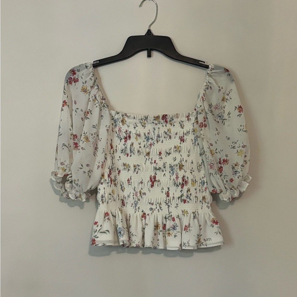 Wayf Cream Puff Sleeve Smocked Blouse